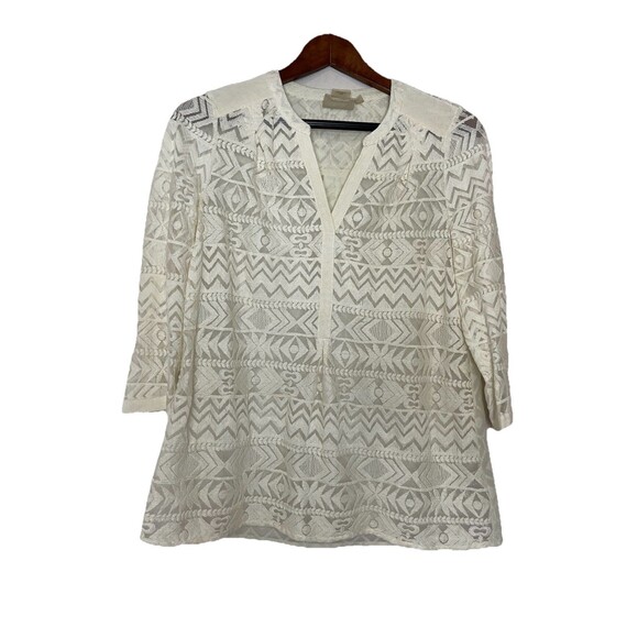 Vanessa Virginia Anthro Lace 3/4 Sleeve Top Ivory Embroidered Womens Small 4 - Picture 1 of 7